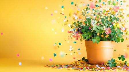 Colorful flat lay of shamrocks, gold coins spilling from a pot, and confetti floating on a bright yellow surface, capturing St. Patrick Day festive spiritの素材