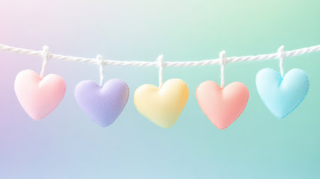 Playful pastel setting featuring sweet hearts in various colors hanging on a white rope, perfect for love, celebration, and festive contentの素材