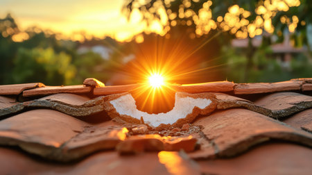 Close-up of ceramic roof tile with jagged white hole emitting intense light, creating a striking visual of rupture and breakthrough energyの素材
