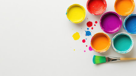 Overhead shot of artistic paint buckets with bright dye overflowing, brush included, on a minimalist white surfaceの素材