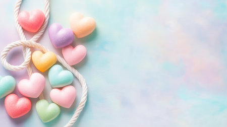 Soft pastel backdrop with a white rope adorned by multi-colored sweet hearts, creating a cheerful and whimsical love-themed imageの素材