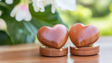 Two beautifully designed heart-shaped music boxes on rich wood, playing a soft duet, evoking romance and nostalgiaの素材