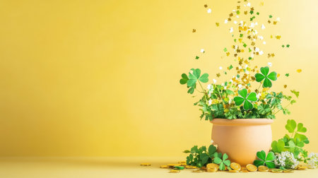 Vibrant flat lay of shamrocks, gold coins pouring out of a pot, and confetti flying on a cheerful yellow background for St. Patrick Day promotionsの素材