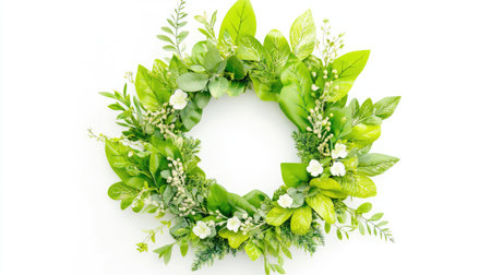 Circular spring wreath made of green foliage against clean white backdrop, perfect for seasonal themesの素材