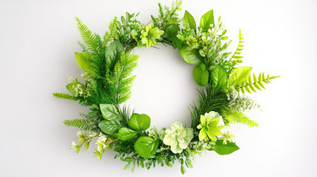 Circular spring wreath made of green foliage against clean white backdrop, perfect for seasonal themesの素材
