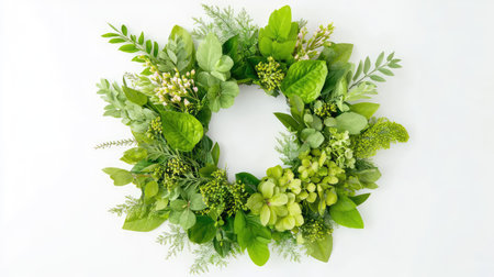 Circular spring wreath made of green foliage against clean white backdrop, perfect for seasonal themesの素材