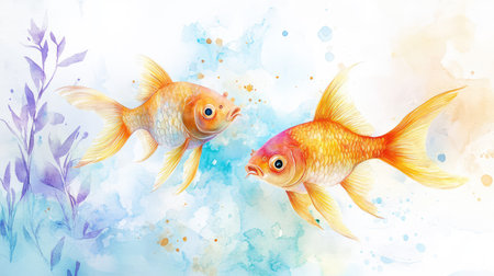 Artistic Pisces fish swimming through a watercolor wash, surrounded by delicate hand-drawn accents capturing their mystical essenceの素材