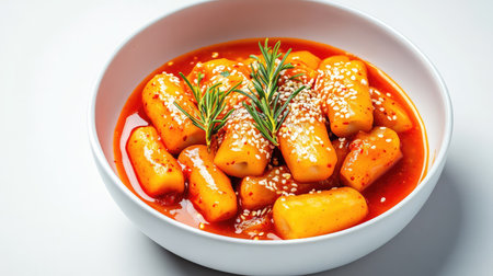 Bold Korean tteokbokki in bright red sauce on white surface, ample negative space above for overlay textの素材