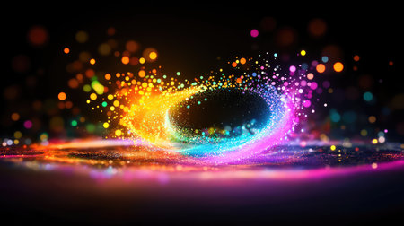 Bright multicolored pixel particles swirling in an upward spiral against dark backdrop, digital art with glowing effectsの素材