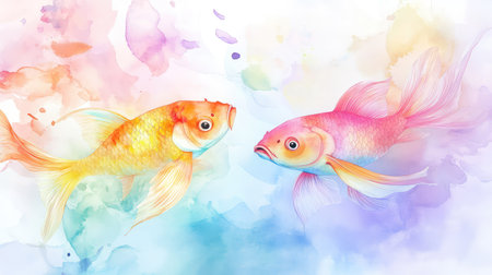 Dreamlike watercolor painting of Pisces fish swimming in harmony, with hand-drawn accents and mystical pastel colors blending into the backgroundの素材