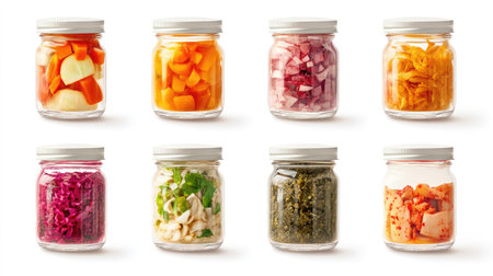 Glass jars filled with different pickled products such as kimchi, sauerkraut, and pickled onions arranged isolated on white backgroundの素材