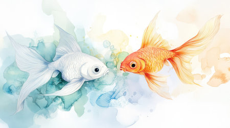 Pisces zodiac fish illustrated swimming gracefully over a dreamy watercolor wash with freehand line details emphasizing mystical and flowing motionの素材