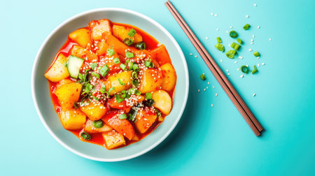 Tteokbokki in vivid gochujang sauce on a minimal background, room for marketing copy aboveの素材