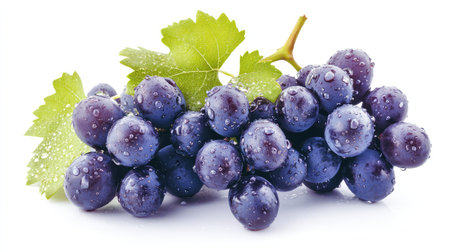 A fresh bunch of dark purple grapes with tiny water droplets and bright green leaves on the stem, isolated on a clean white backgroundの素材