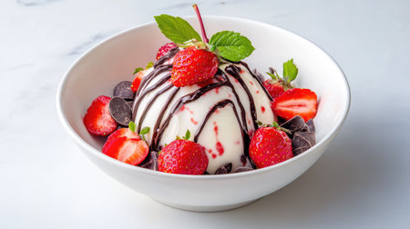 Dessert bowl of red strawberries with artisan chocolate drizzle and chips, styled for a modern, indulgent lookの素材