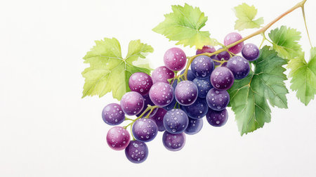 Dark purple grapes cluster with visible water droplets and vibrant green leaves attached to the stem, captured against a plain white backdropの素材