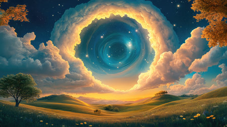 A surreal circular fantasy landscape featuring rolling hills under a starry night sky, surrounded by swirling clouds and glowing celestial elementsの素材