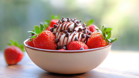 Artistic dessert bowl of strawberries with chocolate drizzle and tiny chocolate chips for a rich yet simple sweet treatの素材