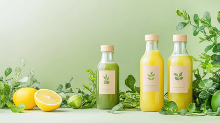 Bright green and yellow juice bottles with simple kraft labels placed beside fresh greenery, evoking freshness and natural wellnessの素材