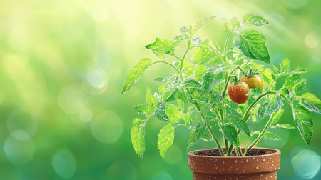 Close-up of tomato plant with rain-kissed leaves, earthy pot and garden foliage in the backgroundの素材