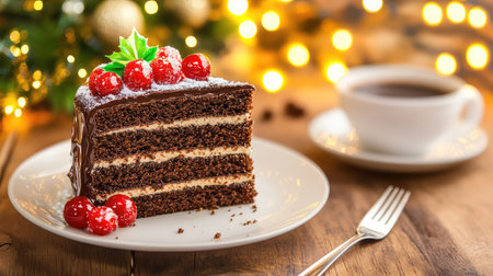 Chocolate cake with coffee on rustic table, warm glowing lights in the background evoke holiday spiritの素材