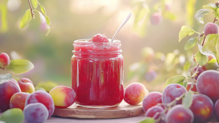 Close-up of plum jam jar with spoon and ripe plums, captured in soft morning light for a cozy kitchen vibeの素材