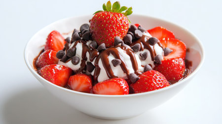 Artistic dessert bowl of strawberries with chocolate drizzle and tiny chocolate chips for a rich yet simple sweet treatの素材