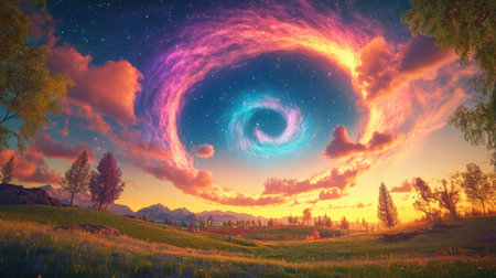 Circular view of a magical landscape under a star-studded night sky, surrounded by swirling clouds glowing softly with fantasy colorsの素材