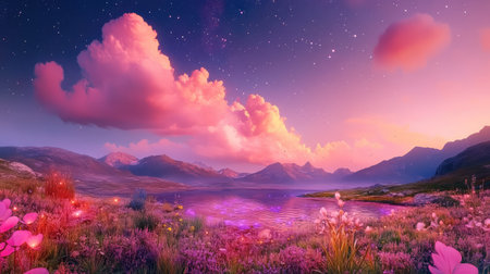 Circular panorama of a fantasy landscape at night, with luminous clouds drifting beneath a sky full of sparkling stars and mystical ambianceの素材