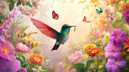 Colorful garden with bird mid-action and butterflies nearby, worm in beak among vibrant floraの素材