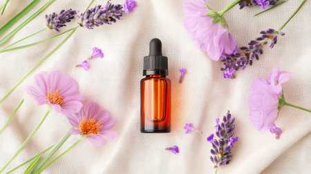Flat lay of amber essential oil bottle with scattered lavender flowers on neutral linen, evoking calm and balanceの素材