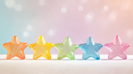 Five colorful stone stars lined up on a soft neutral background, their textured surfaces shining vibrantly as a rating system conceptの素材