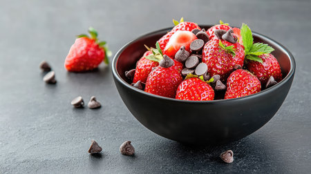 Close-up view of strawberries coated with dark chocolate, detailed with scattered chips on a matte black bowlの素材