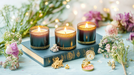 Flat lay of dark candles with gold accents on antique blue book, styled with vintage trinkets and moody lightingの素材