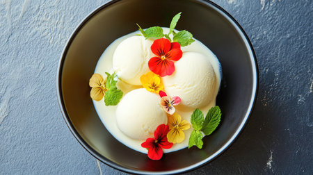 Dark-toned bowl with elegant vanilla ice cream and flower garnish, creamy texture from aboveの素材