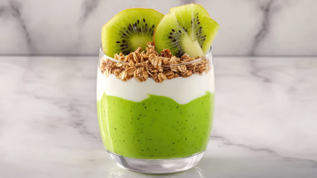 Creamy kiwi yogurt layered with granola and fresh fruit slices, placed on smooth marble backgroundの素材