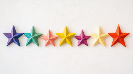 Colorful textured stone stars arranged evenly on a pale neutral background, perfect for creative rating or review designs with natural material feelの素材