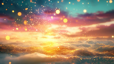 Dreamlike scene of golden spark trail across space ground with ambient glow and galactic tonesの素材