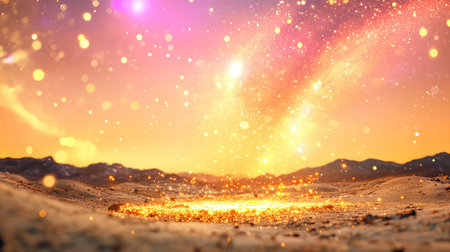 Dreamlike scene of golden spark trail across space ground with ambient glow and galactic tonesの素材
