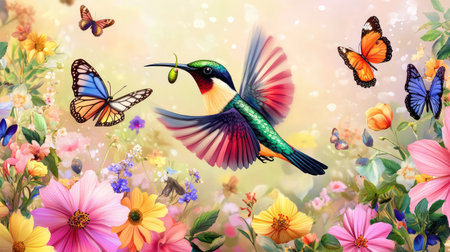 Colorful garden with bird mid-action and butterflies nearby, worm in beak among vibrant floraの素材