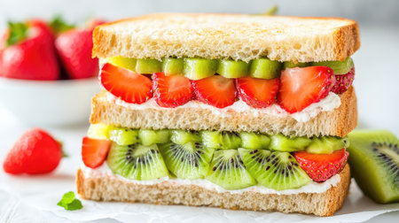 Close-up of a kiwi-strawberry sandwich, cut neatly to reveal colorful fruit layers inside soft, airy breadの素材