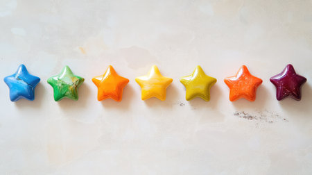 Colorful stone star rating icons placed horizontally on a subtle neutral background, showcasing vibrant hues and natural stone surfacesの素材