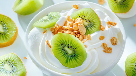 Close-up of swirled yogurt dessert with kiwi and crunchy toppings on bright marble kitchen counterの素材