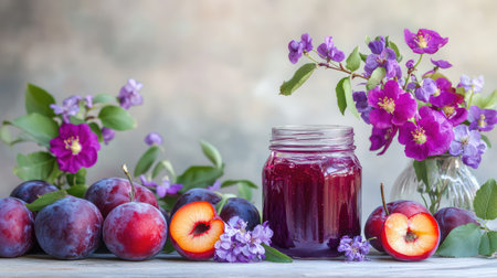 Elegant still life of plum jam and ripe plums, showcasing natural color tones and authentic homemade charmの素材