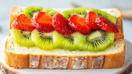 Close-up of a kiwi-strawberry sandwich, cut neatly to reveal colorful fruit layers inside soft, airy breadの素材