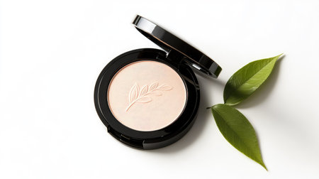 Elegant beige powder compact with a sleek black case, featuring a delicate leaf detail embossed on the surface, isolated on a clean white backgroundの素材