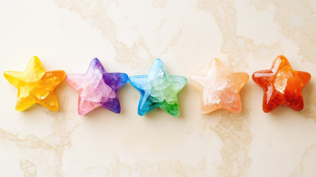 Five colorful stone stars with rough textures displayed on a warm neutral background, ideal for abstract rating or evaluation conceptsの素材