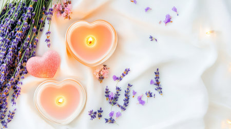 Flat lay of glowing heart candles surrounded by dried lavender petals on white linen for a cozy moodの素材