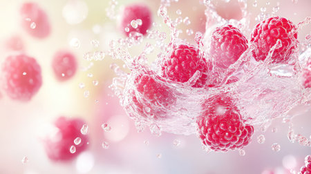 Frozen frame of raspberry splash with surrounding water particles in crisp, vibrant detailの素材