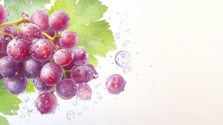 Fresh juicy dark purple grapes with sparkling water droplets and attached green leaves, isolated on a white background for a natural lookの素材